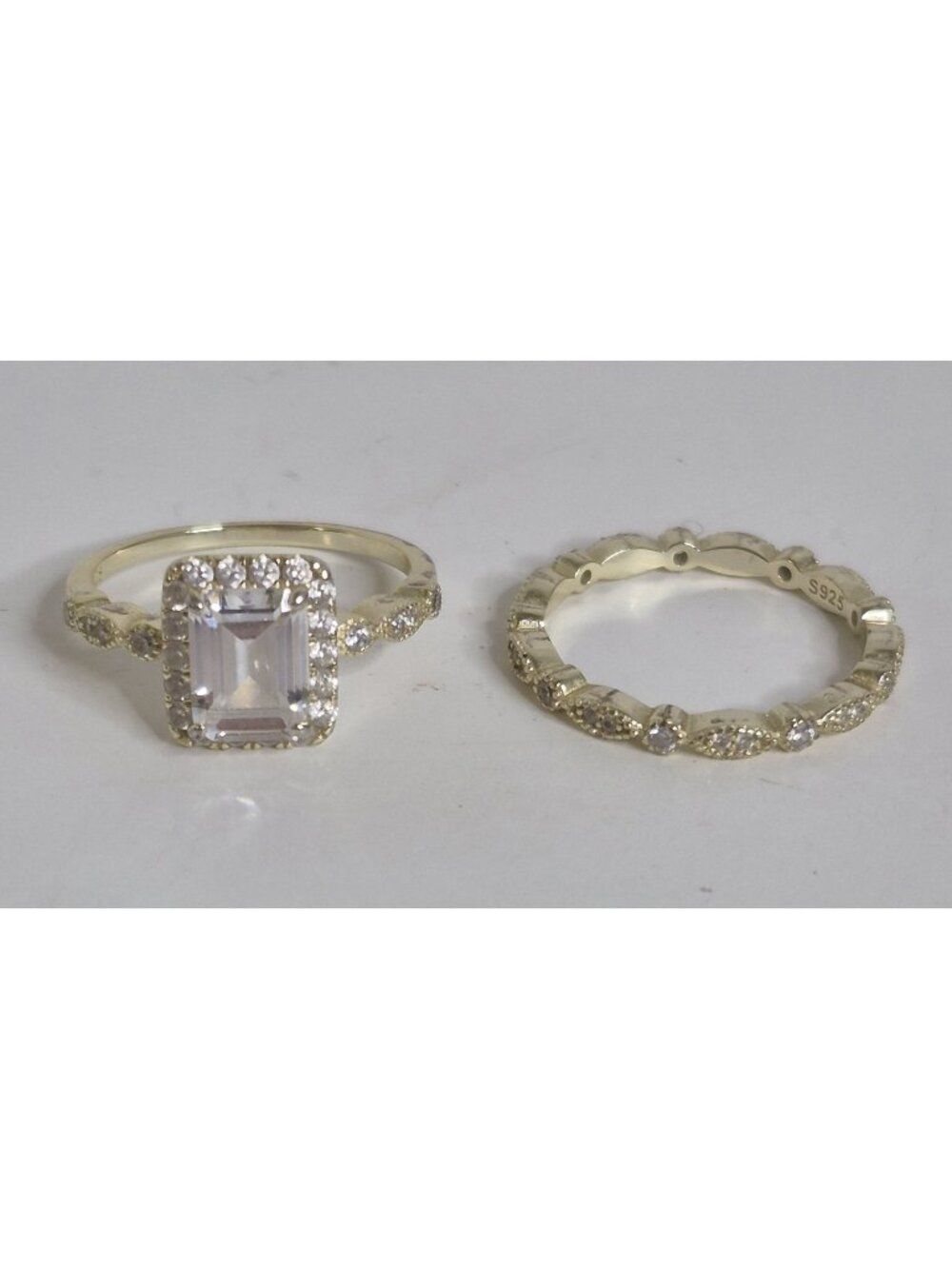 925 Sterling Silver Gold Plated Emerald Cut Cubic Zirconia  Ring Set Sz 7